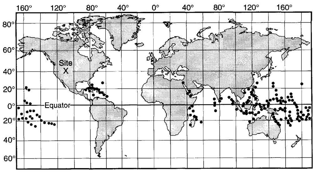 17. The dots on the map below show the present locations of living coral reefs. Site X indicates an area of fossil coral reefs preserved in rocks formed during the Jurassic Period. 20.