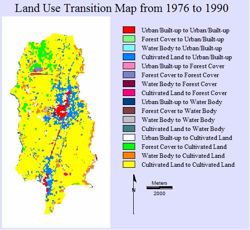 33 km² into cultivation in the period of 1976 to 1990. So it is a highest ratio of change from one to another land use classes from 1976 to 1990. TABLE IV.