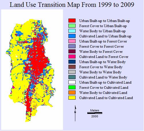 Figure 10. Land Use Transition Map, 1990 to1999 Year 2009 km² Total Urban Forest Water Cultivated Urban 13.27 0.16 0.37 1.22 15.02 Forest 0.28 0.04 0.11 0.83 1.26 Water 0.24 0.02 0.91 0.54 1.