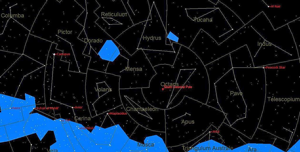 The star chart below shows the constellations that are circumpolar for you. There is no star like Polaris which is close to the south pole but I have marked its position with a red cross.