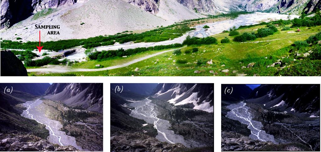 Flow pattern and sediment transport in a braided river: The torrent de St Pierre (French Alps) 499 Figure 4 Top: panoramic view of the torrent from the confluence (right) to the measurement point