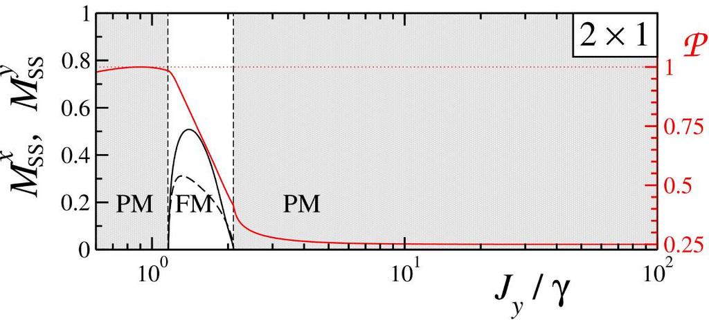 The 2 x 1 cluster mean-field two-site mean field the ferromagnet extends over a finite range of J y the PM at stabilizes over an extended