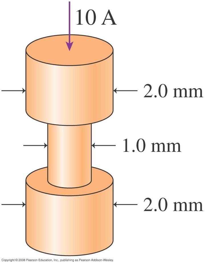 An aluminum wire consists of the three segments shown in the figure. The current in the top segment is 10 A. For each of these segments find the: a. current I b. current density J c.