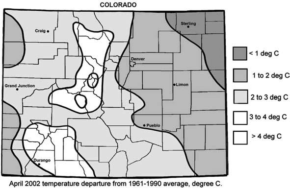 Figure 4 April 2002 temperature departures from the 1961 1990 average for the state of Colorado, USA (degrees C).
