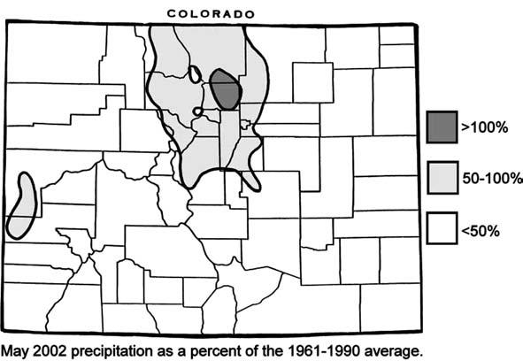 Figure 6 May 2002 precipitation as a percent of the 1961 1990 average for the state of Colorado, USA. strict water conservation regulations.