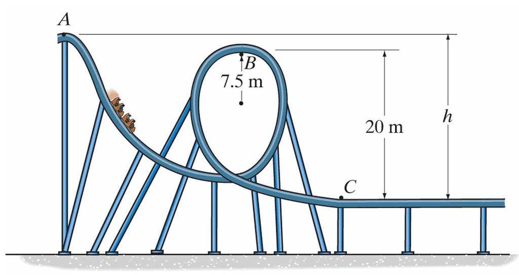 It slides along the track without friction. a) What is the velocity at point B? b) What is the centripetal acceleration at point B? The radius of the loop-to-loop s circle is 7.5m.