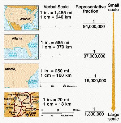 26 Map Scale Large scale: more detail Scale ratio is larger Small