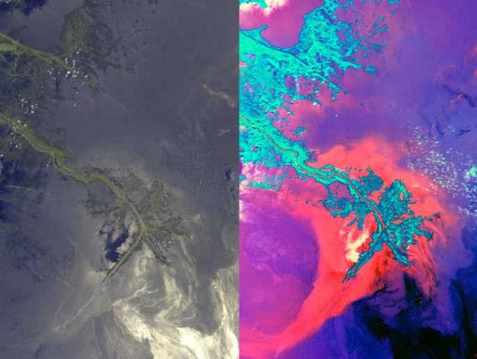 33 Remote Sensing Imagery of the Gulf of Mexico taken by NASA's Terra spacecraft (left) Near true-color