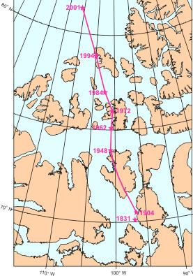 Magnetic north is currently in northern Canada moving at 10 to 50 km/yr.