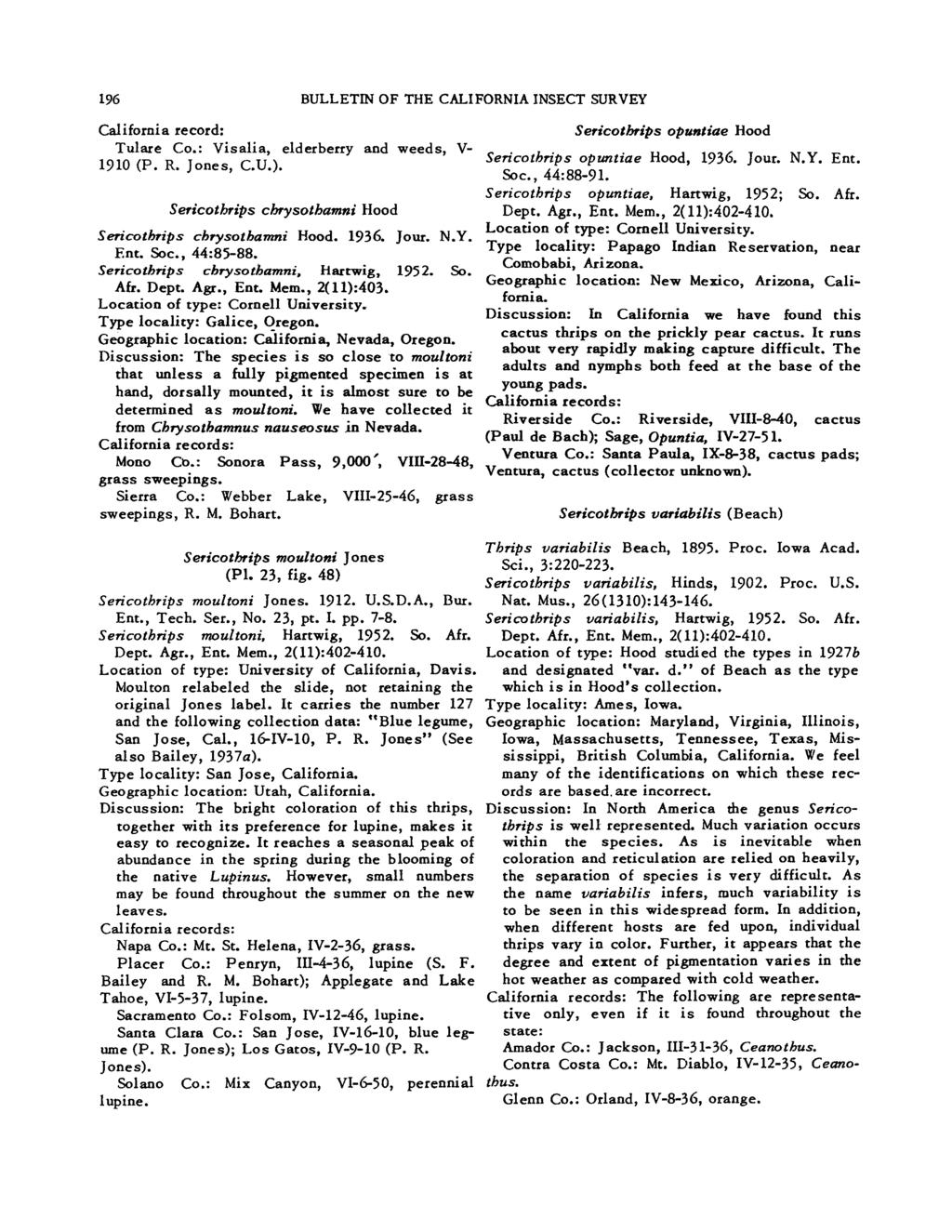 196 BULLETIN OF THE CALIFORNIA INSECT SURVEY California record: Tulare Co.: Visalia, elderberry and weeds, V- 1910 (P. R. Jones, C.U.). Sericothrips chrysothamni Hood Sen cothrips chrysothamni Hood.