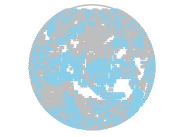(NASA). The planet is covered by ~63% liquid water clouds (grey), and ~36% ice clouds (white).