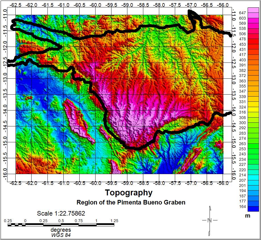 H. S. Santos et al. Figure 5. Topographic map of the Pimenta Bueno Graben region. 3. Available Data Two gravity surveys are available. An aerial survey and a terrestrial survey were used.