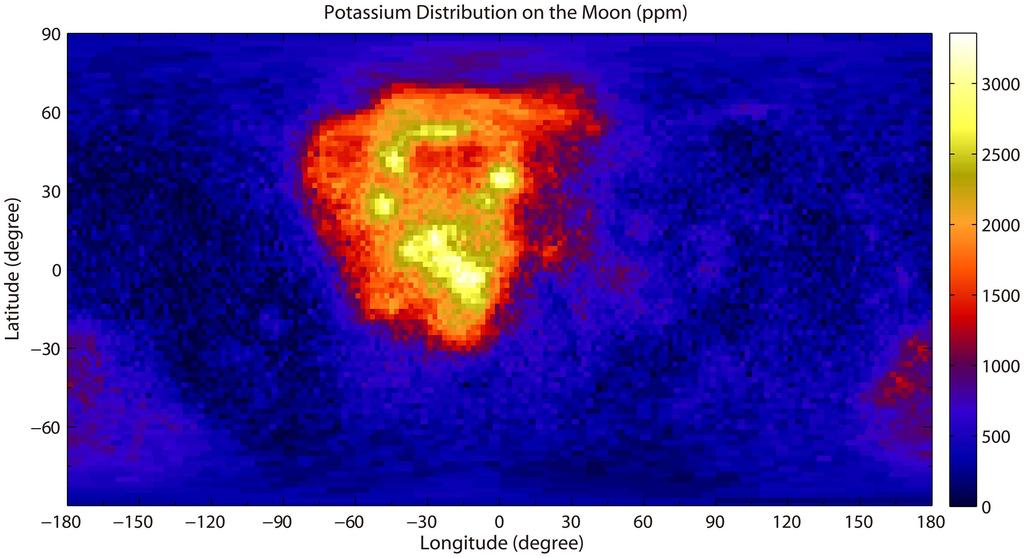 Figure 2 The global K abundance (unit: ppm) of the Moon from CE-2 GRS 178-days measurements.