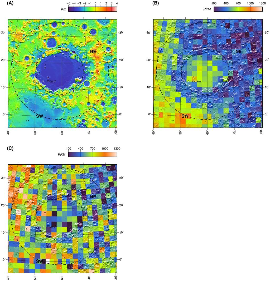 Figure 3 Surface topography and K distributions of the 550-km-diameter Crisium Basin.