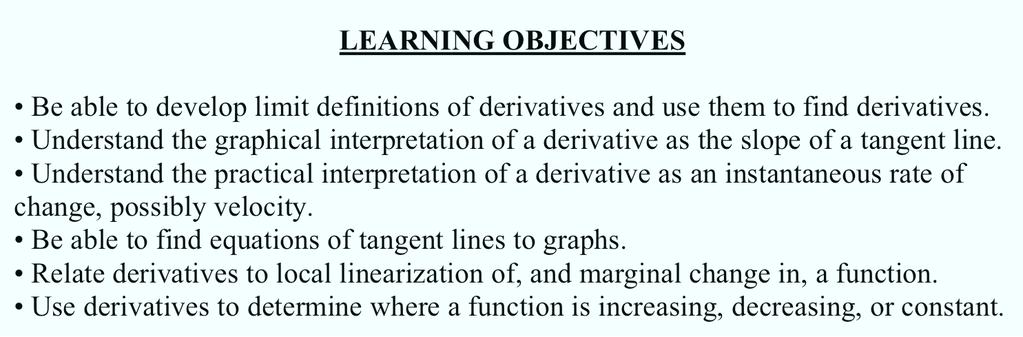 (Section.: Limits and Derivatives in Calculus).. SECTION.: LIMITS AND DERIVATIVES IN CALCULUS LEARNING OBJECTIVES Be able to develop limit definitions of derivatives and use tem to find derivatives.