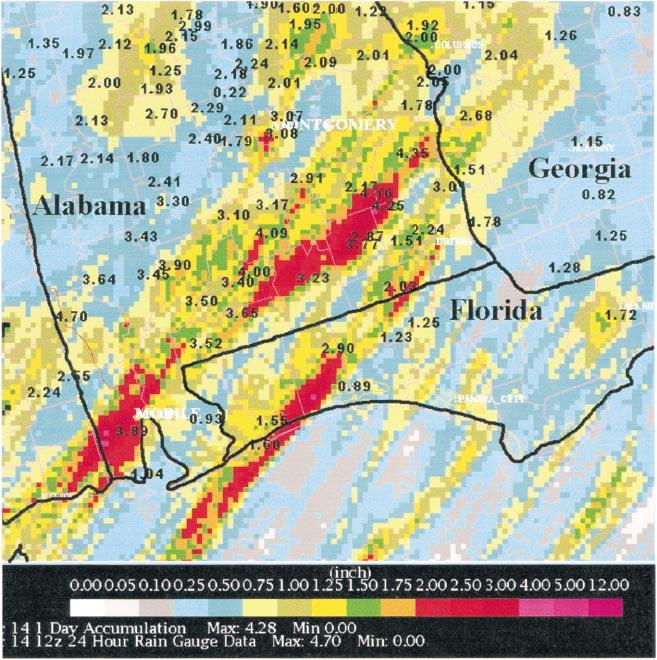 142 WEATHER AND FORECASTING VOLUME 16 FIG. 14. Composite 24-h radar-derived rainfall on 14 Mar 1999 showing both stratiform and convective rainfall regions (see color bar).