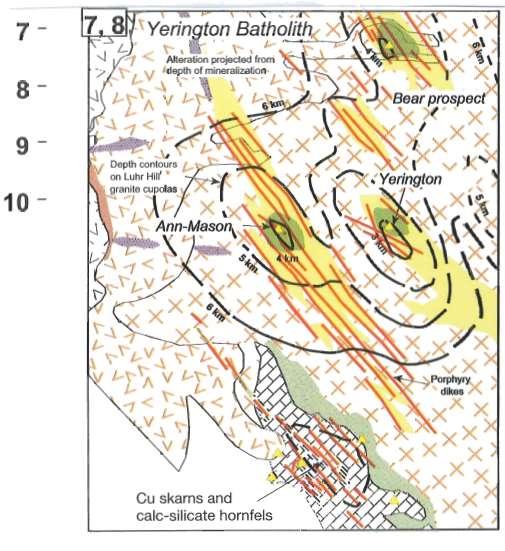 Yerington porphyry deposits, Nevada showing depth of ore-related granitoid below paleosurface (contours at 6, 5, 4 and 3 kms) (dash black