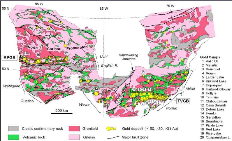 Gold deposit distribution in the Superior Province clearly illustrates clustering on