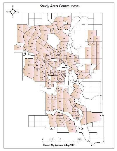 Figure 3: Study area communities shown in colors against all Promoters Apartments Valley communities. Full legend: see Appendix I.
