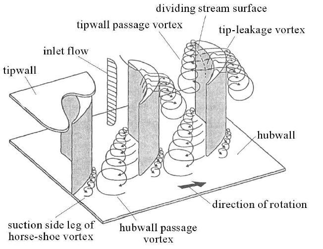 Figure 1: Various types of secondary flows in a cascade of turbo machine.
