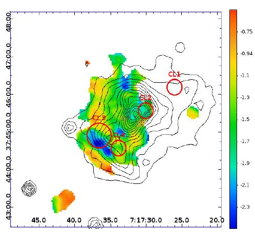 The bottom right panel of Fig. 1 shows the radio contours at 0.61 GHz overlaid on the Chandra X ray map ofmacsj0717.5 + 3745.