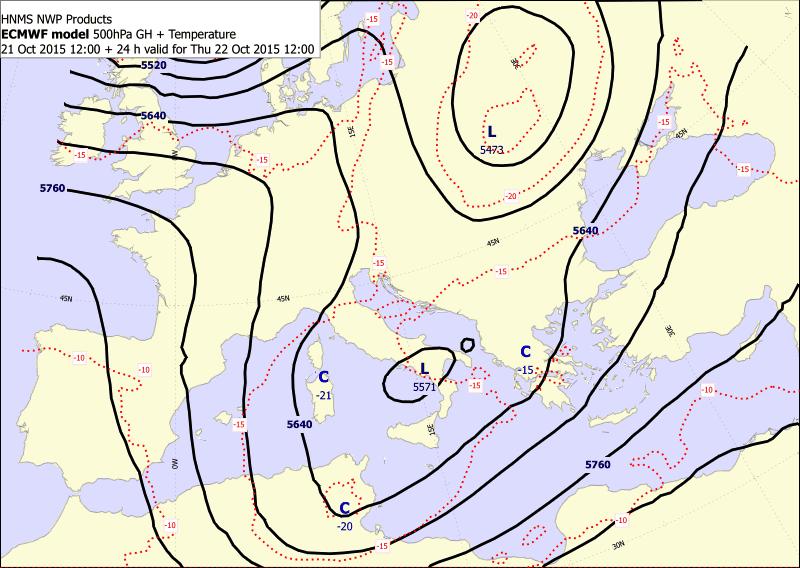 500hPa prevailing flow from SW ii. Cold front crosses the country from the SW iii.