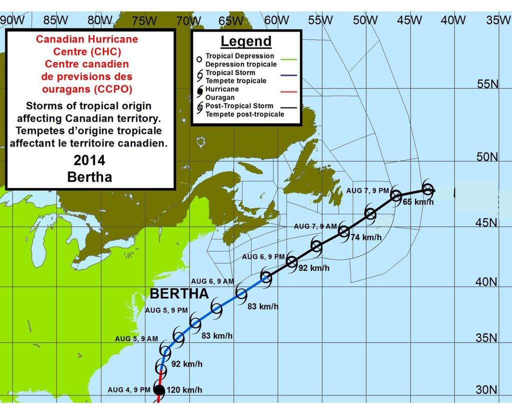 Bertha Canadian Hurricane Centre s (CHC) Centre canadien de prévisions des ouragans (CCPO). Storms of tropical origin affecting Canadian territory.