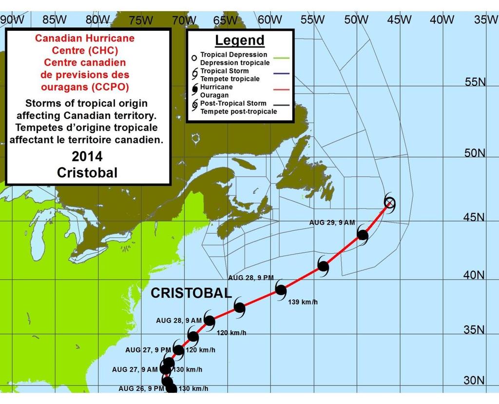 Cristobal Canadian Hurricane Centre s (CHC) Centre canadien de prévisions des ouragans (CCPO). Storms of tropical origin affecting Canadian territory.
