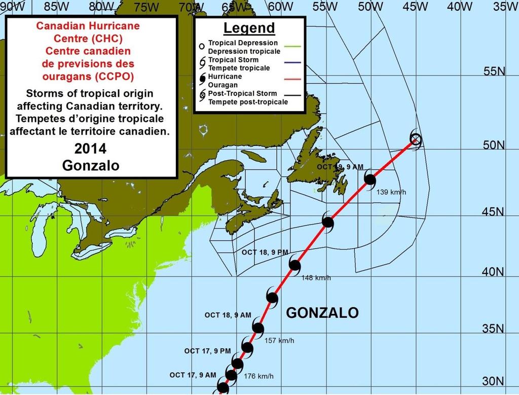 Gonzalo Canadian Hurricane Centre s (CHC) Centre canadien de prévisions des ouragans (CCPO). Storms of tropical origin affecting Canadian territory.