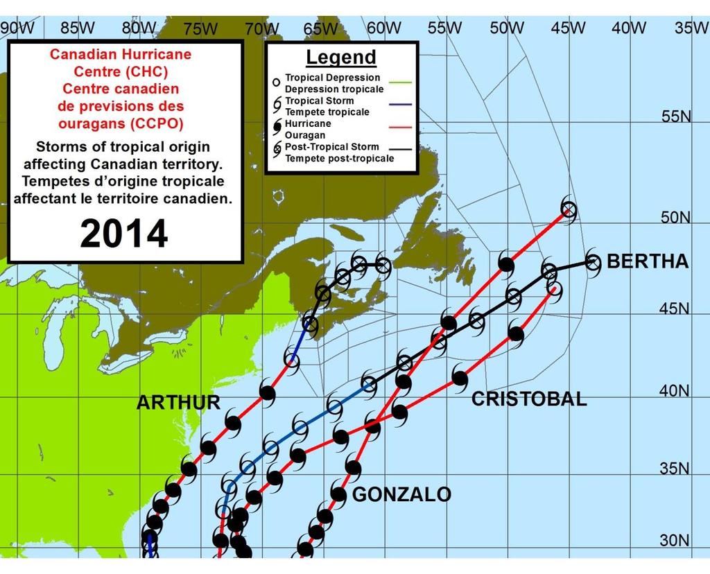 Below is a map showing the four storms of tropical origin that affected Canadian territory in 2014. Canadian Hurricane Centre s (CHC) Centre canadien de prévisions des ouragans (CCPO).