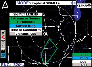 The text describing SIGMET location is displayed in green to help differentiate between location information and weather information.