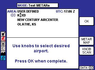 Press the METAR MAP softkey to display the selected report location (in this case KCAV) centered on the Graphical METAR display as shown in Figure 92.