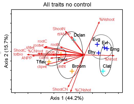 A. B. C. Figure 4.3: PCA results for the clipping treatments only A.) all traits with the control treatment excluded, B.) macroscopic traits with the control treatment excluded, C.