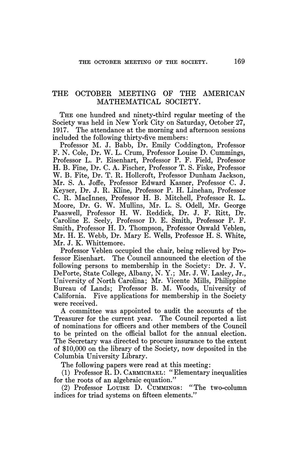 THE OCTOBER MEETING OF THE SOCIETY. 169 THE OCTOBER MEETING OP THE AMERICAN MATHEMATICAL SOCIETY.