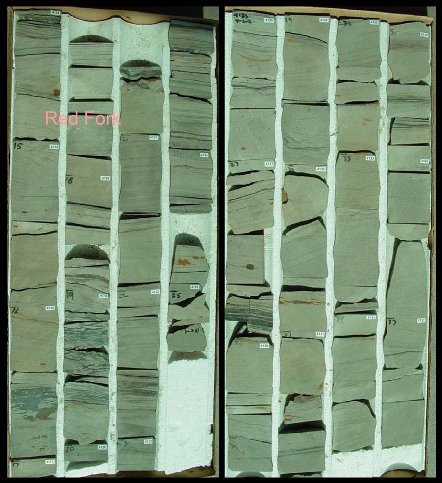 Figure 27. Photograph of core of Red Fork Sandstone from Overholt #1, Section 1, T19N, R2E, Payne County, Oklahoma. Summary Lower Skinner valley-fill sandstone reservoirs contain large volumes of oil.