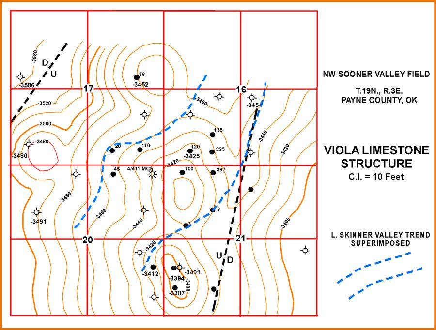Geometry of Lower Skinner Valley-Fill Sandstone Northeast Sooner Valley Field Structure at the level of the Ordovician Viola Limestone contains very smallscale, very low-relief structures in an