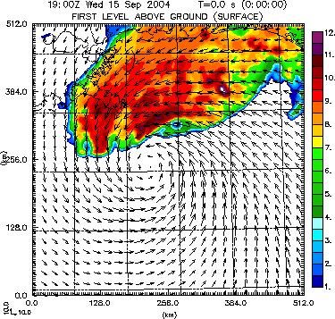 Fig 3. Vertically integrated water (mm) for Hurricane Hugo at 1900 UTC using only WSR- 88D data from coastal radars. With wind vectors every 20 km and lat-lon grid lines every degree. Fig 5.