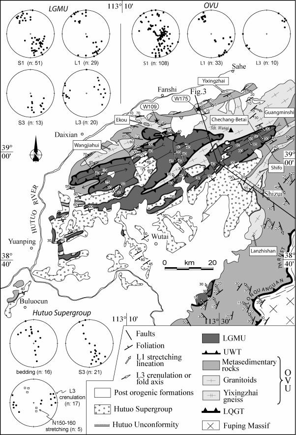 Fig. 6. Structural map of the Wutaishan massif. Structural linear elements are reported in equiareal, lower hemisphere, Schmidt nets.