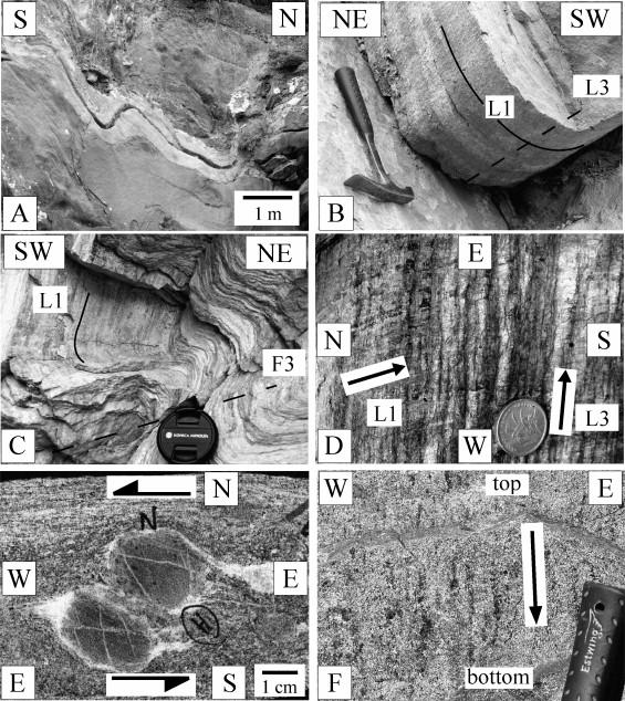 Fig. 9. Field evidences for polyphase deformation in the Hengshan Wutaishan area. (A) S1 foliation deformed by upright F3 folds in the OVU (southwest of Ekou, N39 05.201 /E113 07.431 ).
