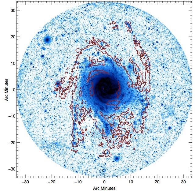 Tightly Correlated HI and FUV emission in M83 Blue: FUV map (GALEX) Arc Minutes Red: HI