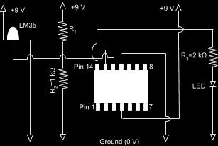 If the voltage across Pin 13 is greater than Pin 12 then no voltage will be supplied to Pin 14. If Pin 13 is less than Pin 12, the LM324 supplies voltage to Pin 14, turning on the LED.