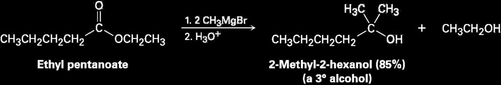 Alcohols from Carbonyl Compounds: Grignard Reagents Esters react with Grignard reagents to yield tertiary alcohols Grignard reagents do not give addition
