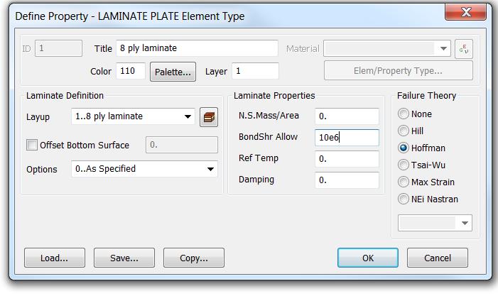 8.2 DEFINING THE LAMINATE PROPERTY The laminate layup is the same as in example 1. The laminate property card is also defined in a similar manner.
