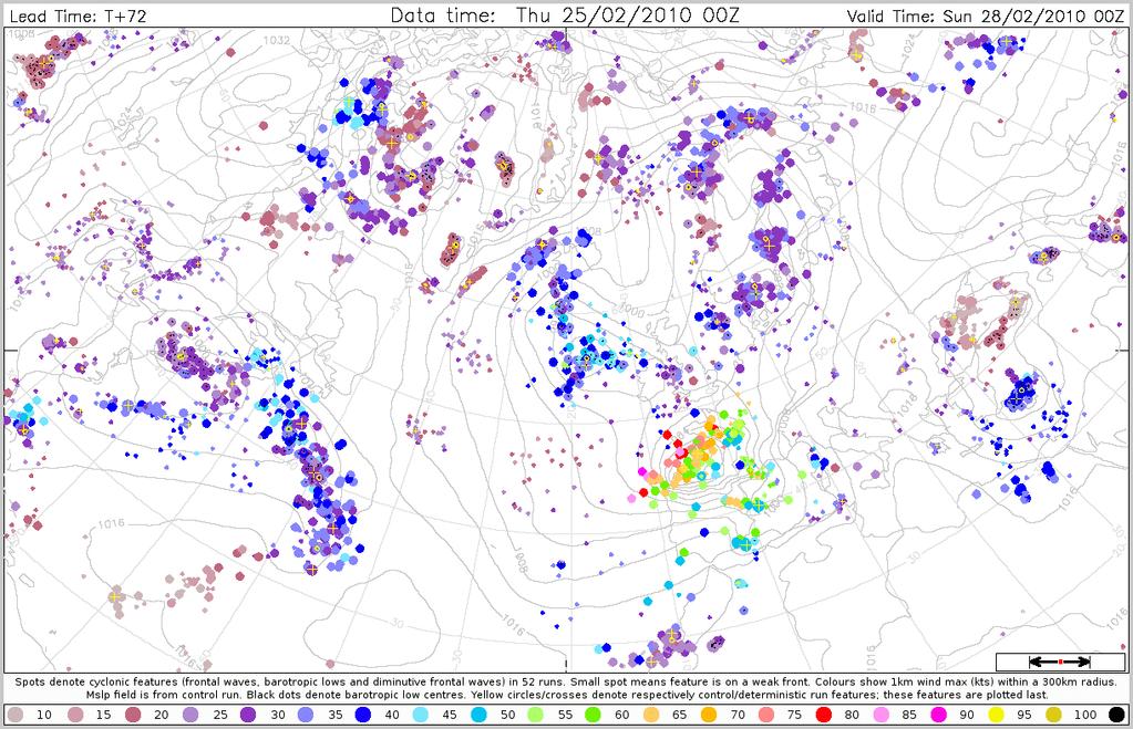 Figure 12. ECWMF ensemble and high resolution deterministic model the large colored dots show the maximum 1 km winds (kts) with a 300 mile radius of the dot.