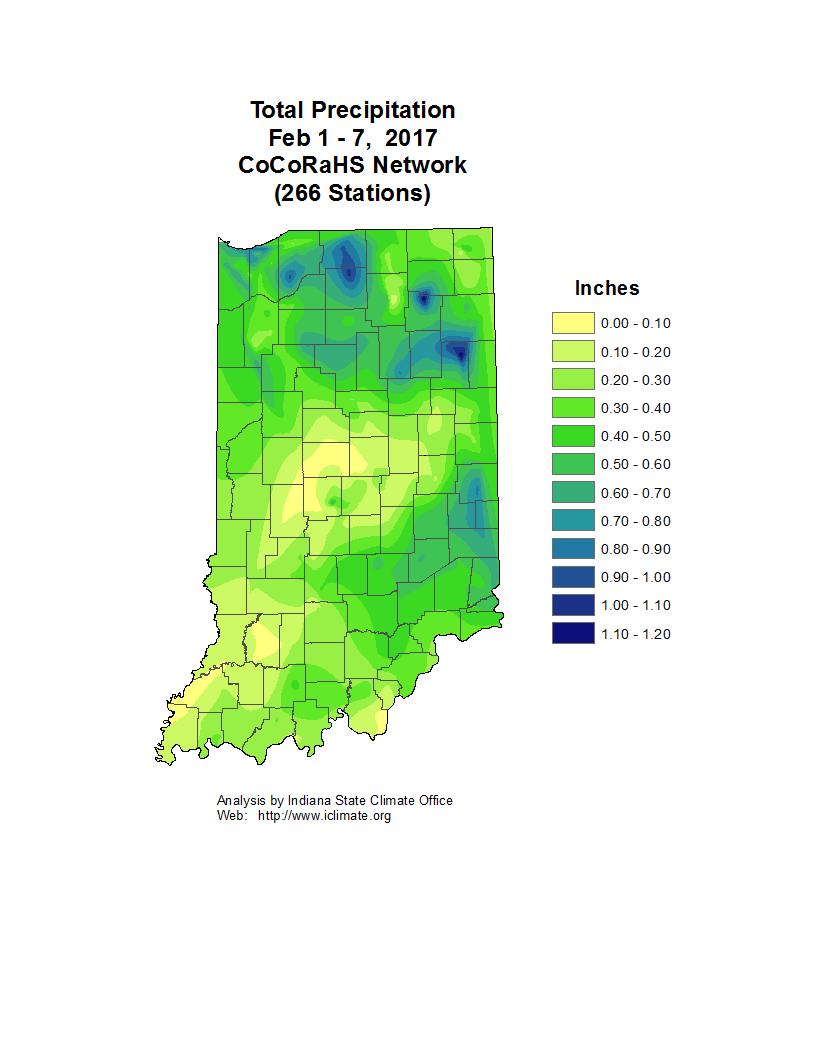 county to Hendricks and Putnam counties. Precipitation was also light in Daviess and parts of Gibson counties. Elsewhere around Indiana about a 0.5 total was common.