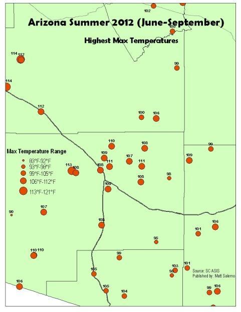 In most instances, locations that experienced lower max temperatures were higher in elevation.