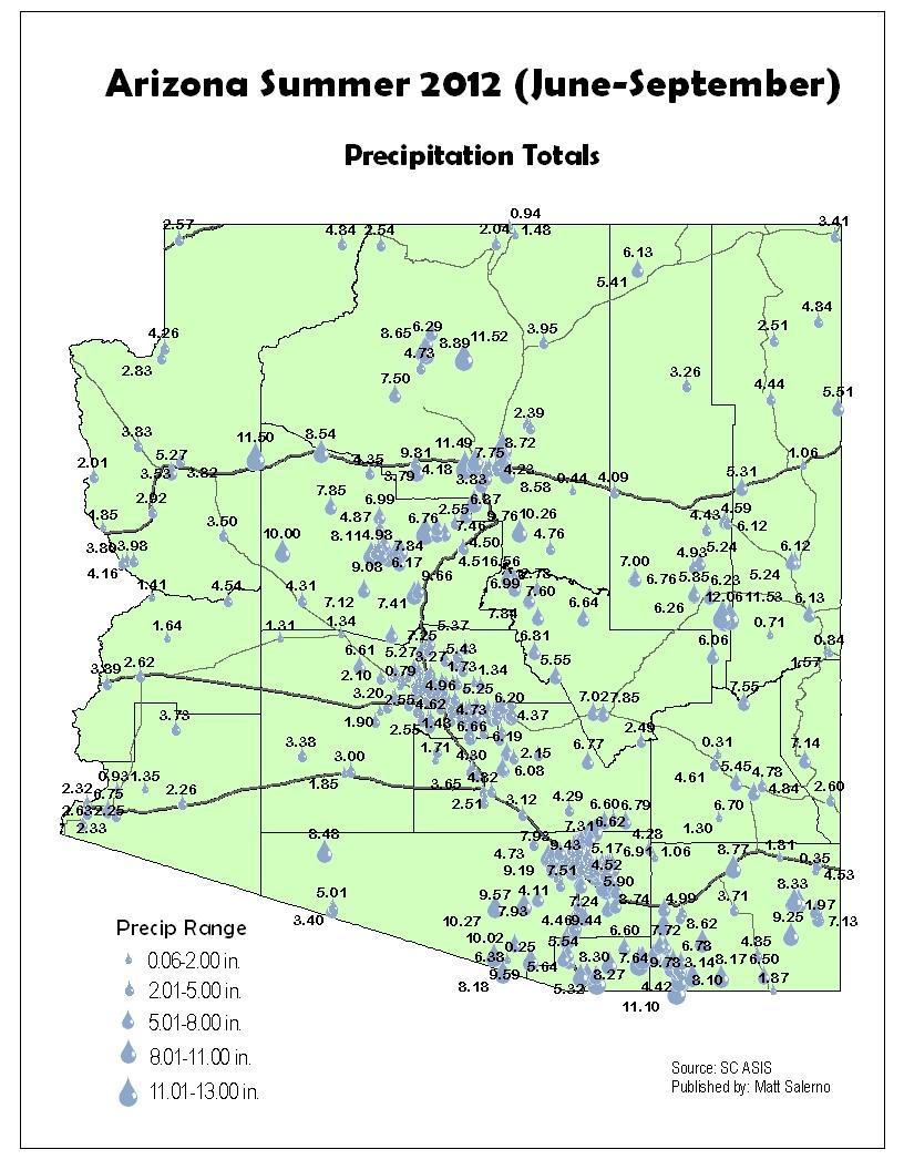 The total summer precipitation ranged greatly across the state from 0.06 just outside of Tucson to 12.98 near Sierra Vista.
