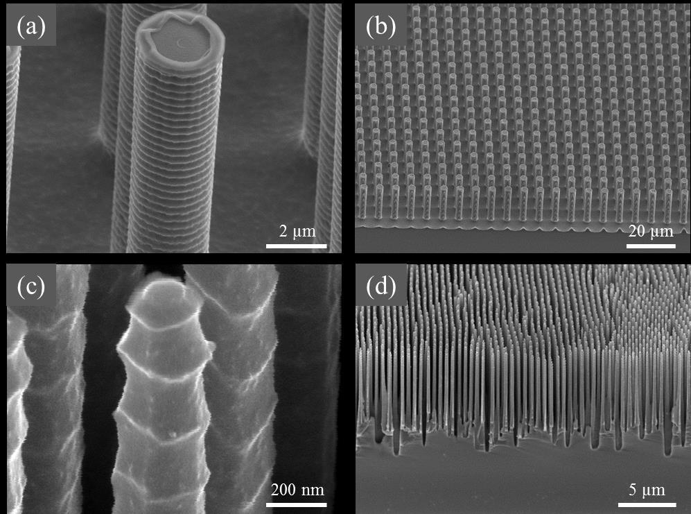 Figure 2-5. SEM images of (a,c) close-up and (b,d) zoomed-out Si (a,b) microwire and (c,d) nanowire arrays formed by the DRIE process. 2.2.2. Nanosphere Lithography Nanosphere lithography is a simple, inexpensive, high throughput, self-assembly method to pattern periodic uniform nanoscale features [98-103].