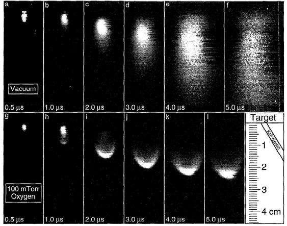 Fig. 2.24. Time lapsed CCD images of laser plume expanding into vacuum (a-f) and 100 mtorr O 2 (g-j) [79]. 2.3.