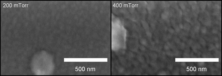 Fig. 4.12. Scanning electron microscope images of the surface of 0.4BiScO 3-0.6BaTiO 3 /SRO/LAO thin films as a function of deposition pressure.